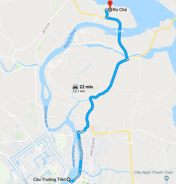 Hướng dẫn đường đi từ cầu Trường Tiền tới Rú Chá - Ảnh chụp màn hình
