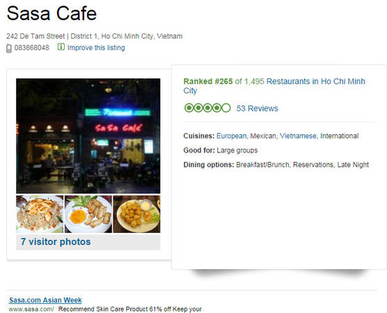 Thông tin Sa Sa Café trên Tripadvisor