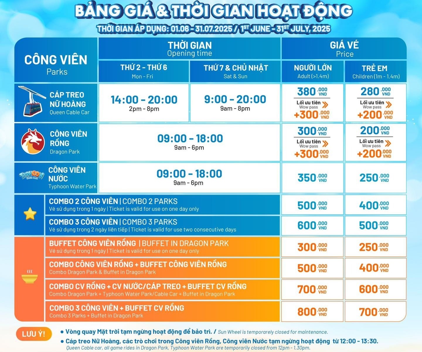 Bảng giá vé dịch vụ chi tiết tại Sun World Hạ Long