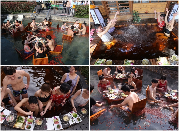 Trước đó, một khu du lịch ở Hàng Châu (Chiết Giang) cũng từng có dịch vụ vừa tắm vừa ăn lẩu ngay trong bể ngâm nước nóng đầy táo tàu, thảo dược nổi lềnh bềnh trên mặt nước.