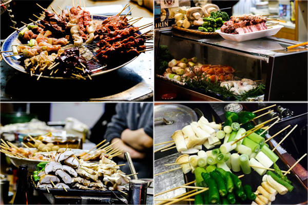 Điểm được yêu thích nhất ở đây là món Yakitori (thịt xiên nướng) được bày sẵn trên các quầy, thực khách có thể tự chọn món và xem nhân viên phục vụ trực tiếp trên bếp than hoặc tự mình làm. Đây được xem là thiên đường của Yakitori vì rất đa dạng các loại thịt xiên nướng: từ thịt lợn, bò gà, đến lòng non, cá, lươn... và các loại rau củ.
