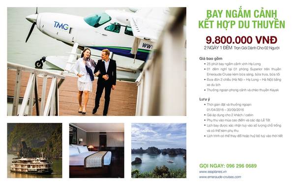 Gói bay ngắm cảnh kết hợp ngủ đêm trên du thuyền 2 ngày 1 đêm dành cho 2 khách với giá 9.800.000 đồng.
