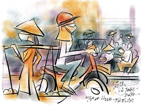 Tranh Hội An iPad ghi lại hình ảnh người dân che mặt khi đi đường