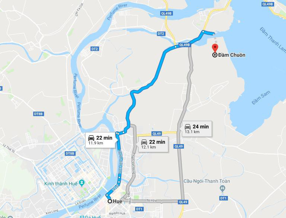 Bản đồ hướng dẫn di chuyển từ trung tâm Huế đến Đầm Chuồn
