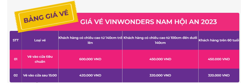 Bảng giá vé Vinpearl Nam Hội An.