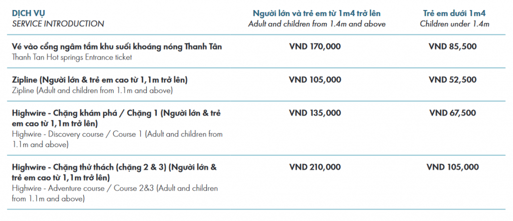 Bảng giá vé suối khoáng nóng Thanh Tân.