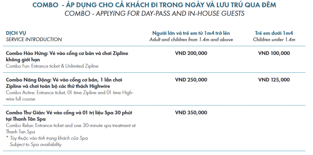 Bảng giá combo.