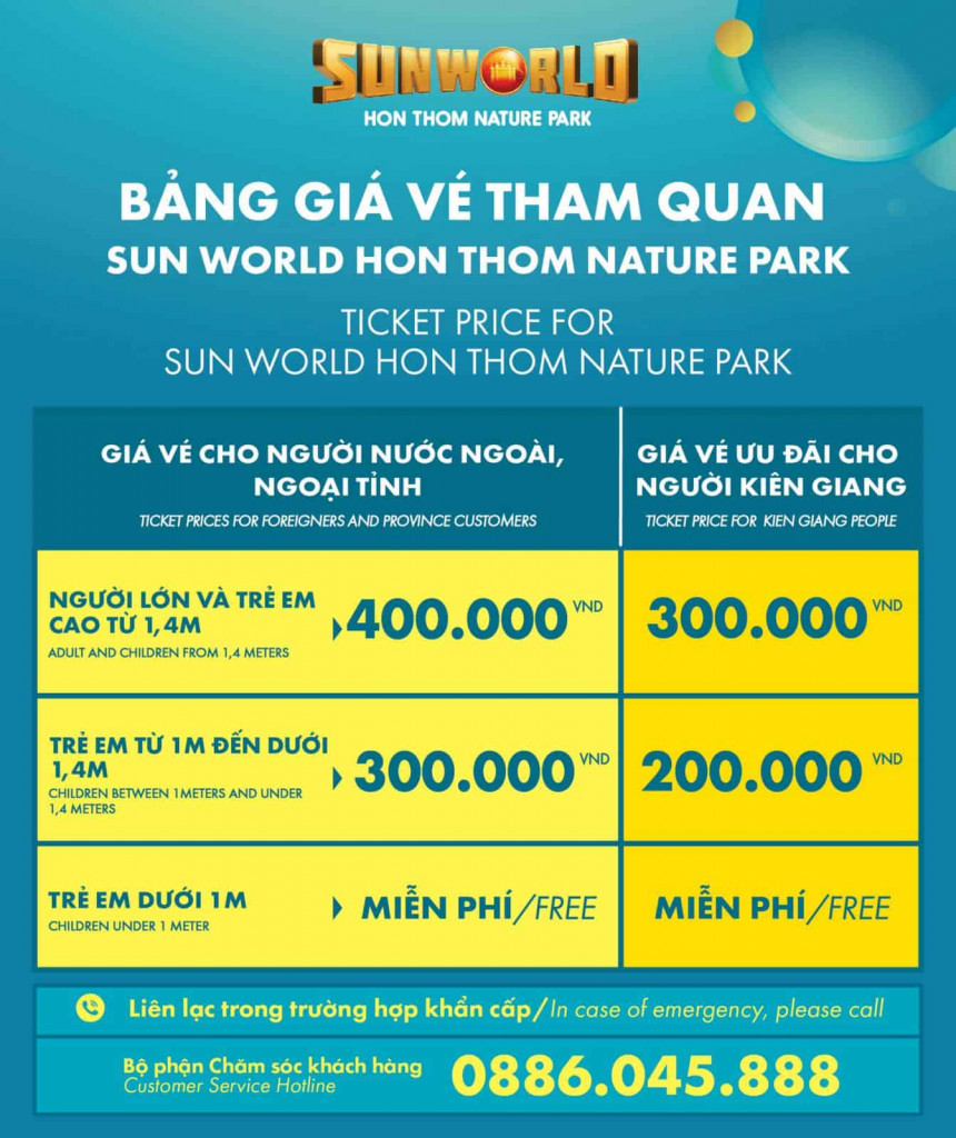 Giá vé tham quan. Ảnh: Sun World Phú Quốc.
