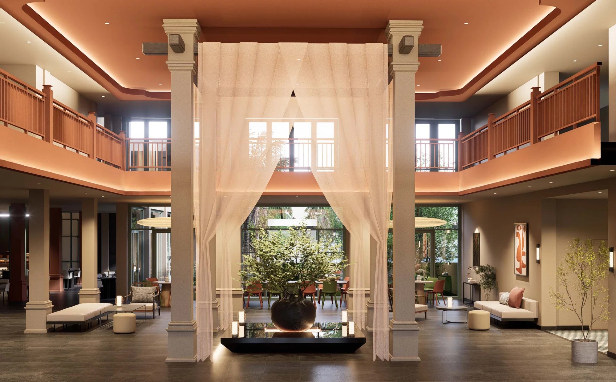 Sảnh đón khách sang trọng tại M Village Resort Riverbeach Hội An